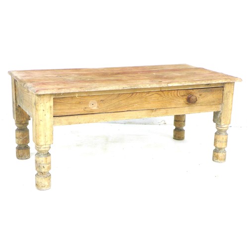 250 - A Victorian pine low side table, three plank top, single drawer, raised on turned legs, 87.5 by 44.5... 