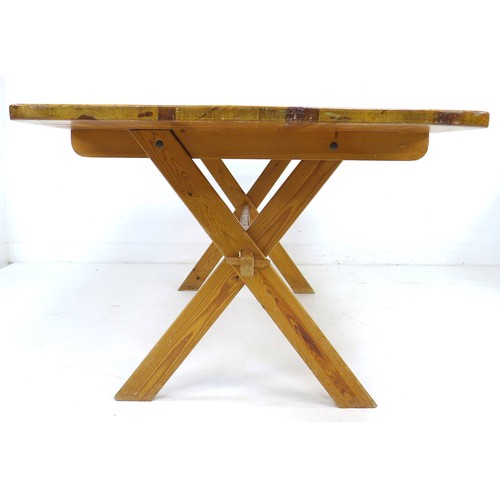 246 - A pine kitchen table, mid to late 20th century, with X frame trestle base, 90 by 183 by 76cm high.