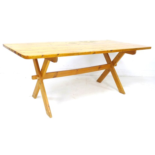 246 - A pine kitchen table, mid to late 20th century, with X frame trestle base, 90 by 183 by 76cm high.