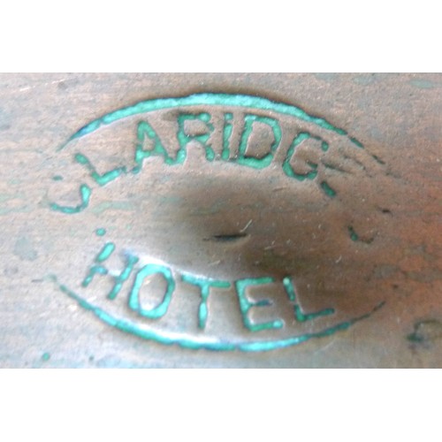 56 - Two very large copper frying pans, circa 1910, one stamped 'Claridges Hotel', one with brass handle,... 