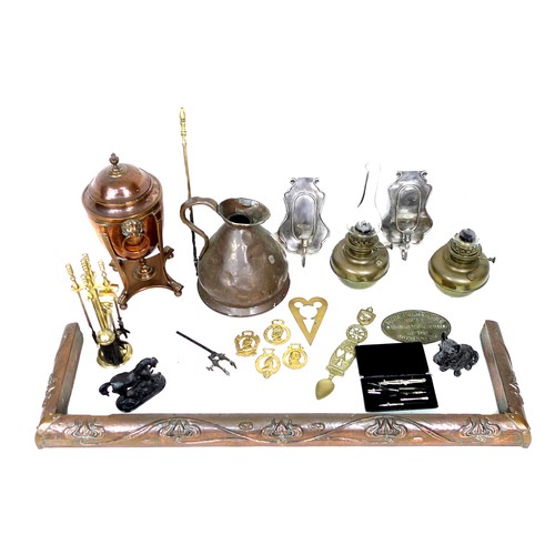 59 - A collection of brass and metalware, including an Art Nouveau copper fire fender,130 by 36 by 8.5cm ... 