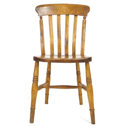 286 - A set of five Victorian oak and beech Windsor chairs, shaped rail above four slat back, the styles w... 