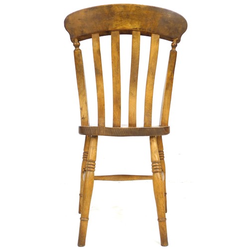 286 - A set of five Victorian oak and beech Windsor chairs, shaped rail above four slat back, the styles w... 