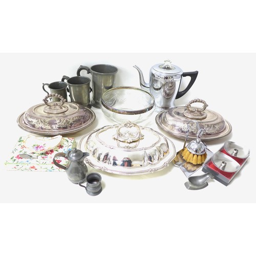 60 - A collection of silver plated, brass, copper and other metal items, including twin handled oval tray... 