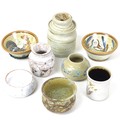 A group of Studio Pottery ceramics, comprising a jar and cover, with decorated lid, impressed mark f... 