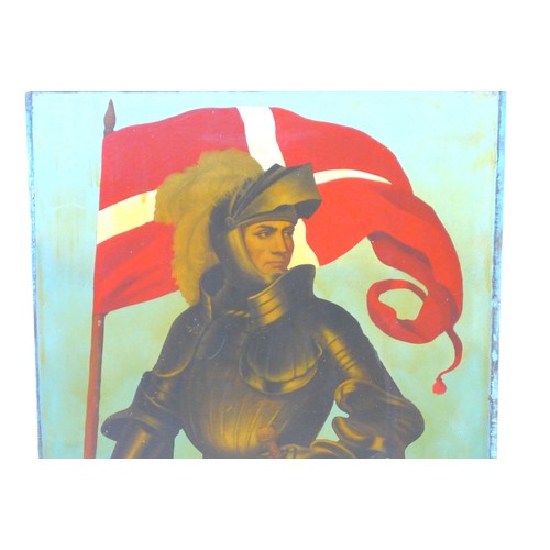 216 - A vintage aluminium pub sign featuring a knight in suit of armour holding a Danish flag, 90 by 86cm.