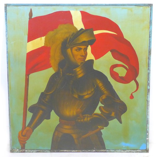 216 - A vintage aluminium pub sign featuring a knight in suit of armour holding a Danish flag, 90 by 86cm.