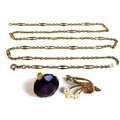 A group of 9ct gold jewellery, comprising an amethyst fob, with pierced scroll mounts, stone 20.2mm ... 
