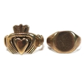 Two 9ct gold rings, comprising a 9ct gold Claddagh ring, size R, 6.4g, and a 9ct gold signet ring, s... 