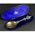 A Victorian commemorative silver gilt spoon, with 18th century style sailing ship to its finial, ins... 