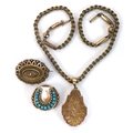 A group of Victorian gold jewellery, comprising a 14ct gold brooch set with turquoise and seed pearl... 