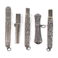 A group of five Edwardian silver pencil holders, four with embossed decoration, one engraved, total ... 