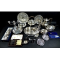 A quantity of silver plate including a kettle with cane handle on spirit warming stand, Martin Hall ... 