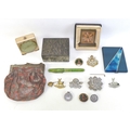 A group of collectables, including two travel clocks, an evening bag, a Chinese white metal box, a c... 