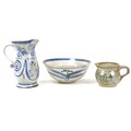 A group of studio pottery ceramics, comprising a bowl decorated in blue and white, with impressed LL... 