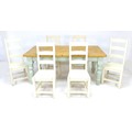 A modern pine kitchen dining table, pale green painted legs, 91.5 by 183 by 79.5cm high together wit... 