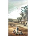 Zaidi (late 20th century): a desert scene with three Arabs seated by a fire, two dromedaries and ope... 