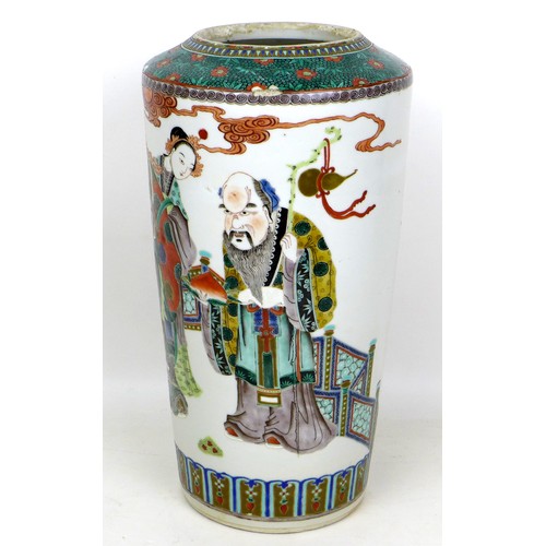 2 - A Chinese porcelain famille verte vase, Qing Dynasty, 19th century, of tapering cylindrical form, de... 