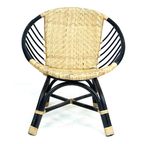 336 - A retro wicker and bentwood armchair, with black painted frame and wicker bound joints, 77 by 64 by ... 