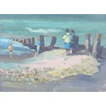 Attributed to Donald Bosher (British, 1912-1977): figures on shoreline amidst wooden groynes, unsign... 