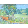 Attributed to Gladys Denman (British, 1900-1999): bridge crossing stream with fields  oil on board, ... 
