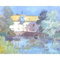 Attributed to Donald Bosher (British, 1912-1977): summer river scene with a water mill, unsigned, oi... 