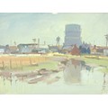 Attributed to Donald Bosher (British, 1912-1977): Landscape with gas holder (possibly Norfolk), unsi... 