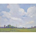 Attributed to Donald Bosher (British, 1912-1977): English landscape with line of trees and church sp... 
