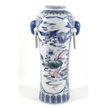 A modern Chinese porcelain vase, of tall slender form, decorated with panels depicting a dragon chas... 