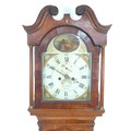 A Regency oak and mahogany long case clock, signed Jono Hilbert, Haxey, the painted arched dial deco... 