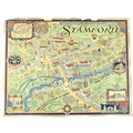 After Wilfrid Rene Wood (British, 1888-1976): map of Stamford, a six colour lithograph, signed and d... 