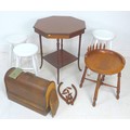 A group of six pieces of furniture, comprising a mahogany caddle seated stool, a/f rail damaged, a S... 