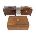 A group of three 19th century wooden boxes, comprising two sarcophagus shaped tea caddies, 22 by 13 ... 