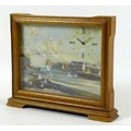 A vintage Smith's oak cased mantel clock, the printed picture dial depicting a harbour with guls, pr... 