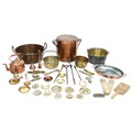 A collection of copper and brass items, including three jam pans, a saucepan, hot water urn, tray, a... 