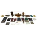 A group of vintage collectables including a leather bound travelling inkwell, 5 by 5 by 4.5cm high, ... 