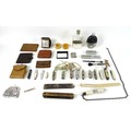 A group of vintage collectables, including a silver plate and glass hip flask, the glass of fluted o... 