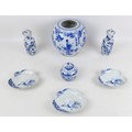 A group of seven pieces of 19th century and later Oriental blue and white porcelain, including a pai... 