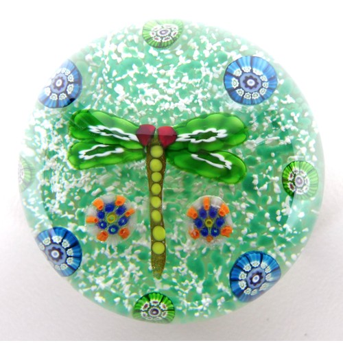 50 - A Paul Ysart style paperweight, the mottled green ground with dragon fly to the centre with green an... 