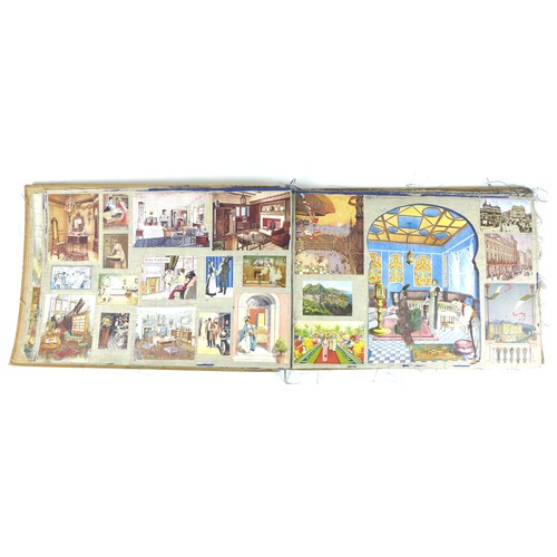 159 - A large early 20th century scrap book, with twenty nine linen pages, each packed on both sides with ... 