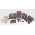 A group of scientific instruments and collectables, comprising a cased part Sikes Hydrometer set, a ... 
