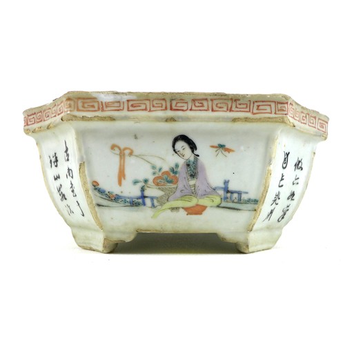 4 - A Chinese Republic period porcelain small planter, of rectangular outline with incuse corners, taper... 