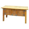 An Arts & Crafts oak sideboard, rectangular surface over three carved panel doors to the front, rais... 