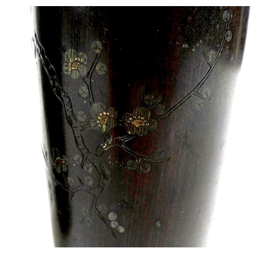 1 - A mirrored pair of Japanese Meiji period bronze vases, of shouldered tapering cylindrical form, inla... 