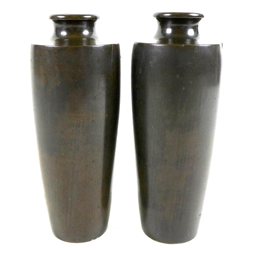 1 - A mirrored pair of Japanese Meiji period bronze vases, of shouldered tapering cylindrical form, inla... 