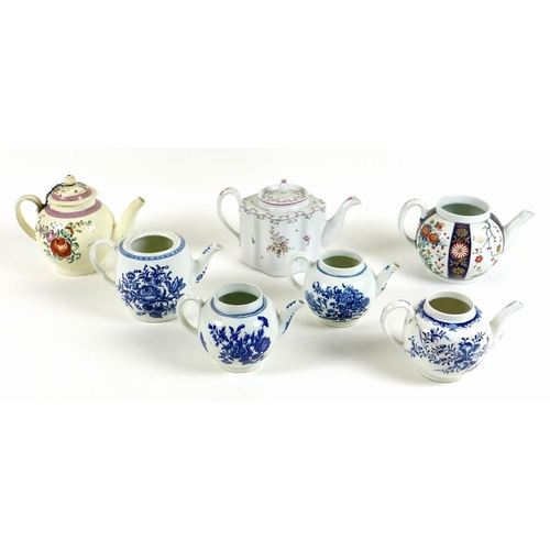 14 - A selection of 18th century and later teapots, including a First Period Worcester teapot, decorated ... 