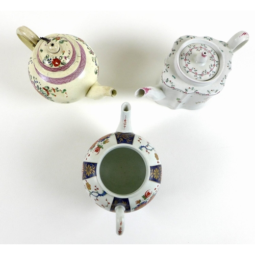 14 - A selection of 18th century and later teapots, including a First Period Worcester teapot, decorated ... 
