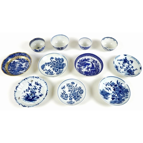 15 - A collection of 18th century and later blue and white tea bowls and saucers, including a Worcester F... 