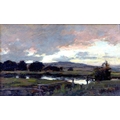 Belgian School (early 20th century): landscape with a river and hills distant below an evening sunse... 