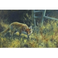 Mick Cawston (British, 1959-2006): a fox before a wooden stile, signed and dated '95 lower left, oil... 
